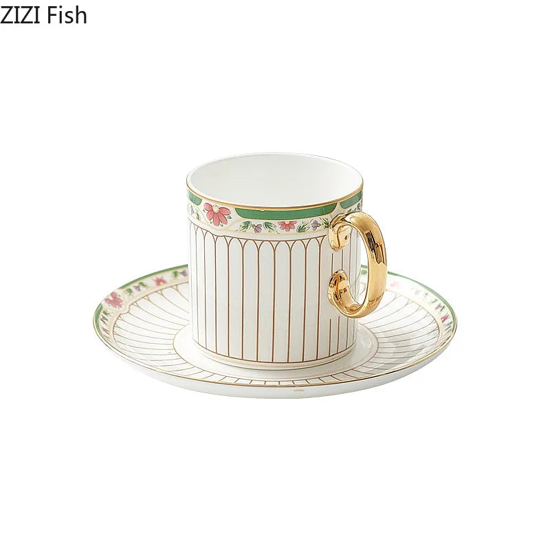 Afralia™ Gold-Striped Ceramic Cup & Saucer Set for Dining Table Coffee Milk Tea Juice