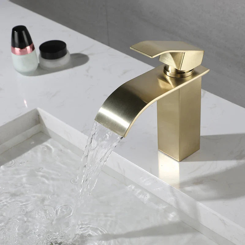 Afralia™ Brushed Gold Stainless Steel Basin Faucet Deck Mounted Hot Cold Mixer Tap