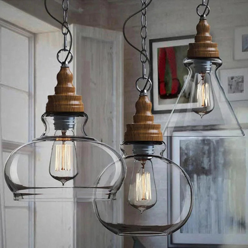 Afralia™ Vintage Industrial Wood Clear Glass Pendant Light Loft Fixture