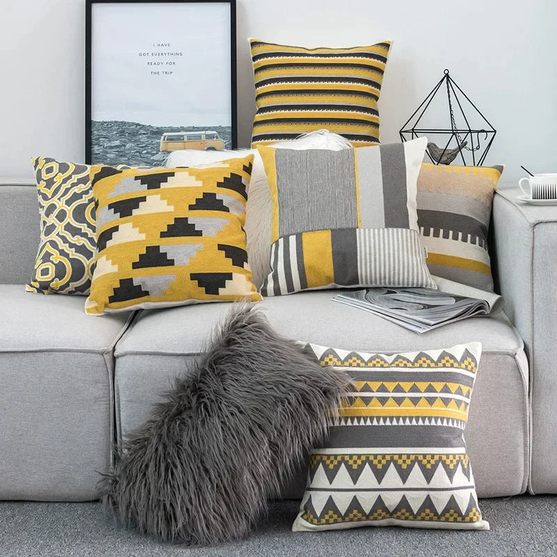 Afralia™ Geometric Canvas Cotton Cushion Cover - Yellow Grey/White Embroidery Square Pillow Cover