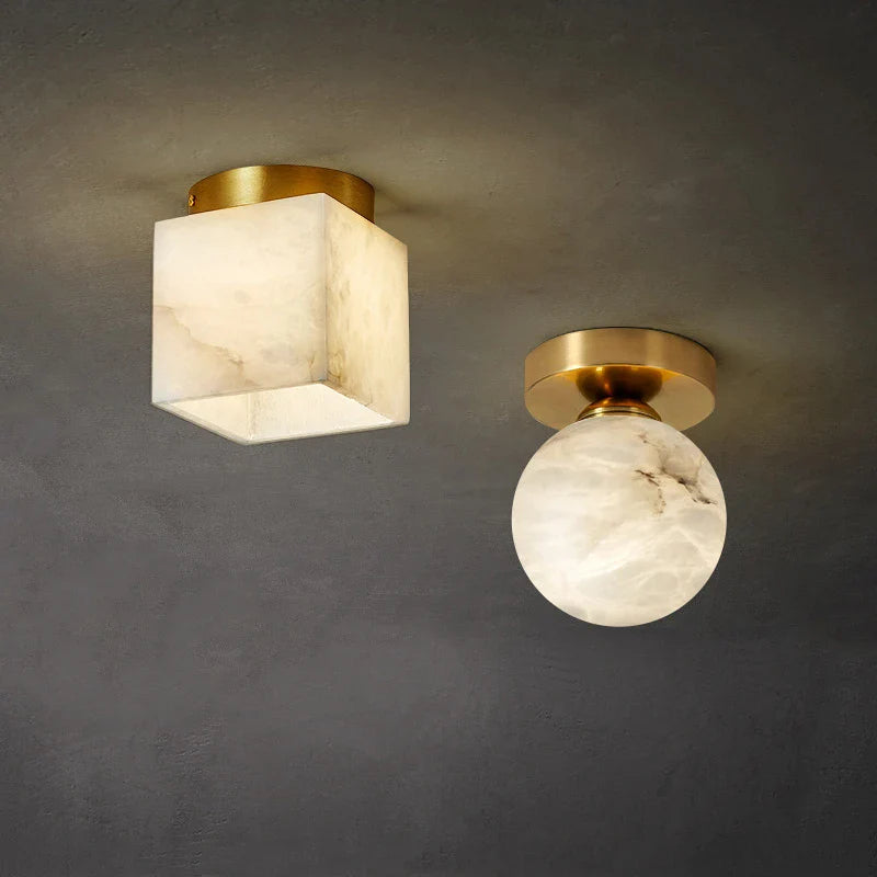 Afralia™ Golden Brass LED Marble Ball Ceiling Lamp for Restroom, Bedroom, Balcony, Aisle