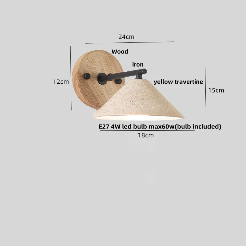 Afralia™ LED Yellow Travertine Wall Light with Wood Pull Chain Switch and Iron Frame