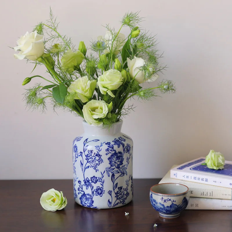 Afralia™ Blue White Porcelain Vase Vintage Ceramic Flower Home Decor Jar