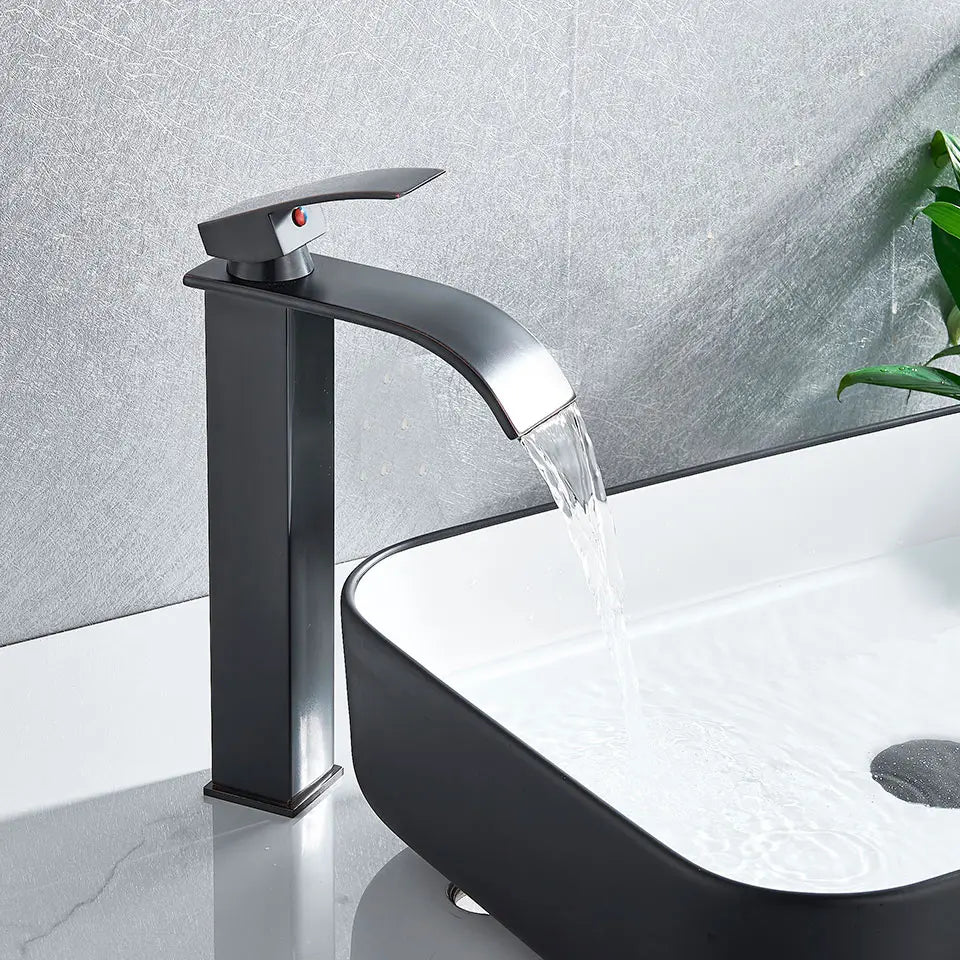 Afralia™ Matte Black Waterfall Basin Faucet Hot/Cold Mixer Tap for Bathroom Sink