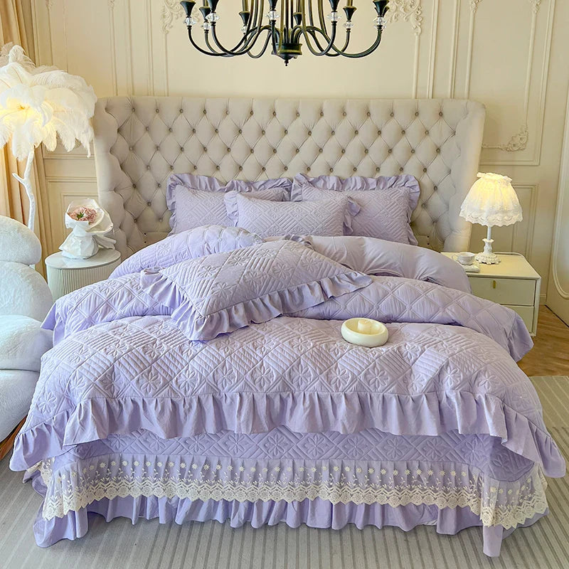 Afralia™ Korean Princess Style Quilted Bedding Set with Lace Ruffles 200x230cm