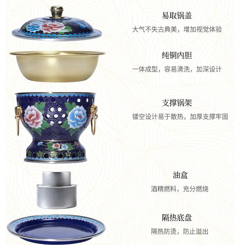 Afralia™ Single Person Enamel Hotpot & Alcohol Pot Set in Pure Copper