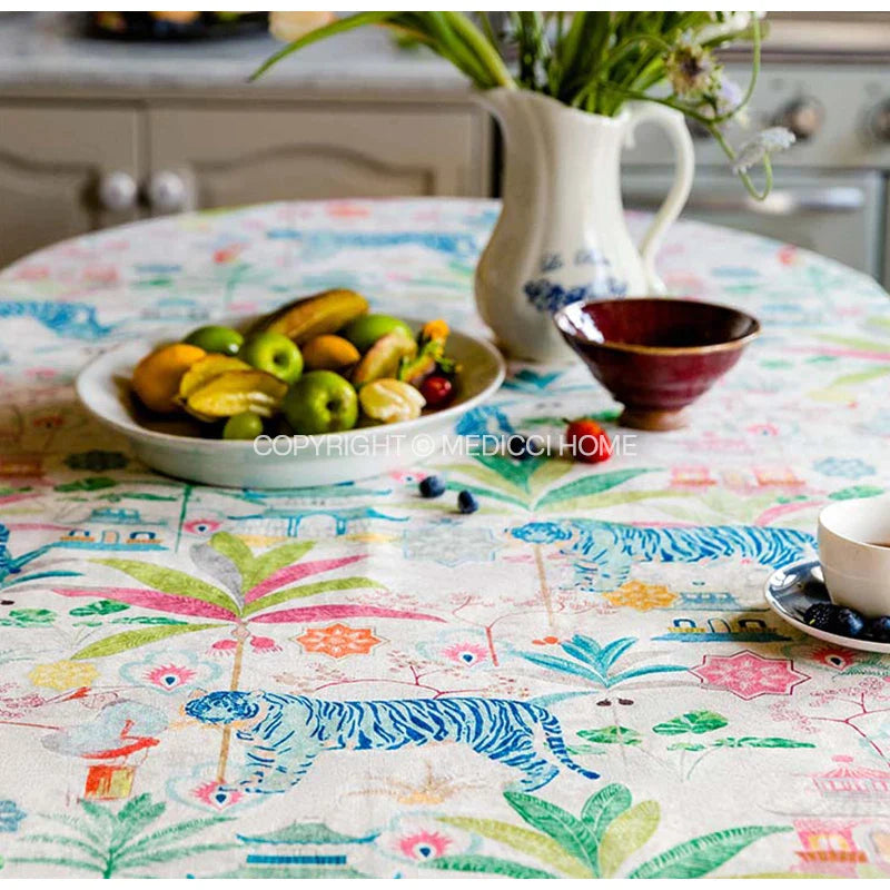 Afralia™ Jungle Vibes Tablecloth: Tiger Plants & Pagoda Print for Kitchen Garden