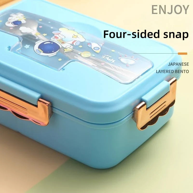 Afralia™ Kids Cartoon Bento Lunch Box with Fork Spoon, Heated 3 Grid Sandwich Snack Box