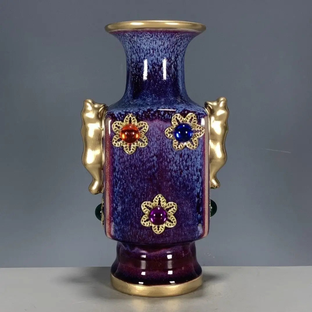 Afralia™ Jun Porcelain Gilded Gemstone Inlaid Vase - Chinese Living Room Ornaments