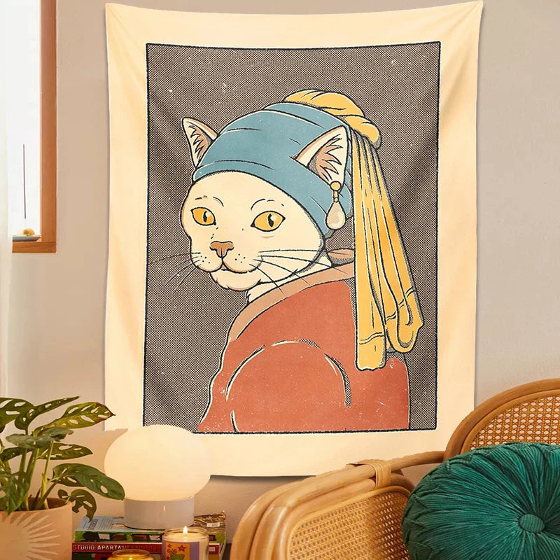 Afralia™ Cat With Pearl Earring Metal Wall Hanging Tapestry Art