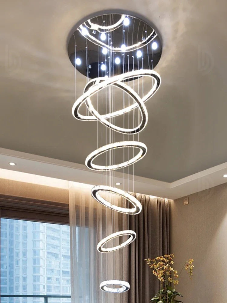 Afralia™ Luxury Crystal Staircase Chandelier: Rings Design Indoor Lighting Fixtures