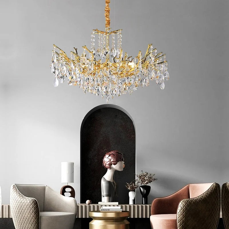 Afralia™ Elegant Gold Double Layer Crystal Chandelier LED Ceiling Pendant