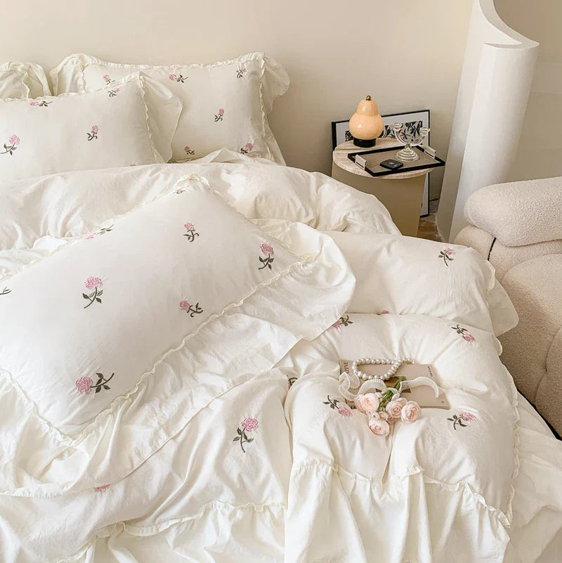 Afralia™ Rose Flowers Ruffle Lace Bedding Set, Washed Cotton Duvet Cover, Skin Friendly