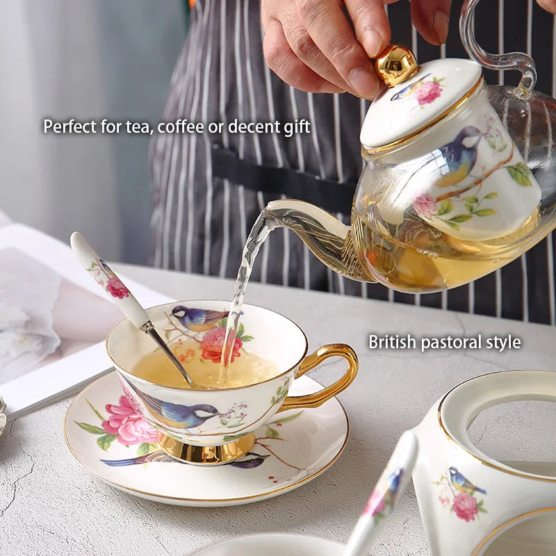 Afralia™ Floral Glass Teapot Set with Bone China Tea Cups and Strainer