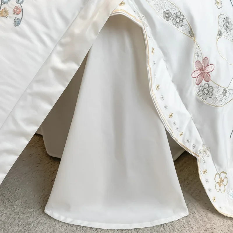 Afralia™ Chic Flowers Embroidery Princess Bedding Set - 100% Egyptian Cotton - Duvet Cover, Sheet, Pillowcases