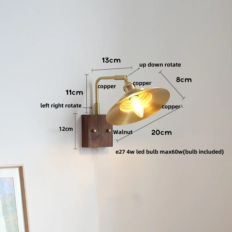 Afralia™ LED Wall Light Walnut Wood Rotate Copper Bedside Lamp