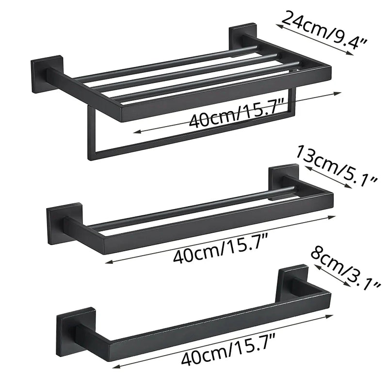 Afralia™ Black Bathroom Accessories Set: Robe Hook, Towel Rail, Shelf, Tissue Holder