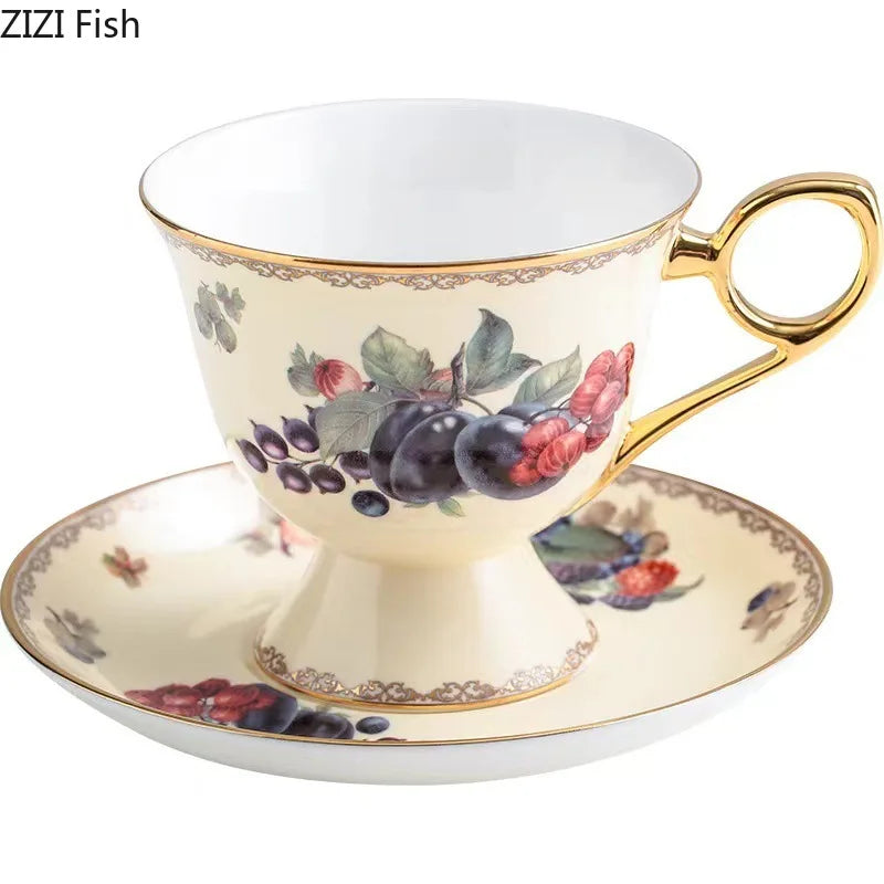 Afralia™ Fruits Pattern Ceramic Coffee Mug Set Gold-plated Tea Cup Saucer Dining Juice Container