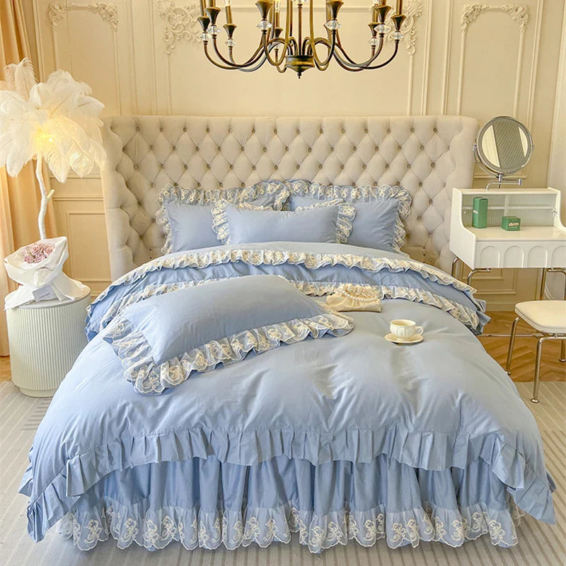 Afralia™ Korean Princess Lace Ruffles Bedding Set in Bean Paste Pink