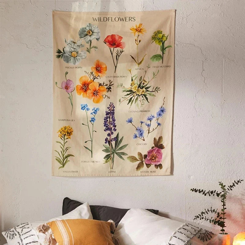 Afralia™ Wildflower Tapestry Wall Hanging Flower Reference Chart Hippie Bohemian Tapestries