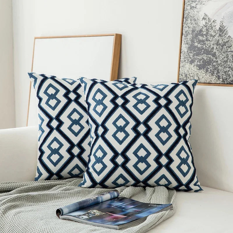 Afralia™ Navy Blue/White Geometric Floral Embroidered Cotton Cushion Cover 45x45cm