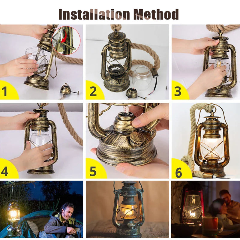 Afralia™ Vintage Kerosene Pendant Light Fixture with Hemp Rope for Home Decor