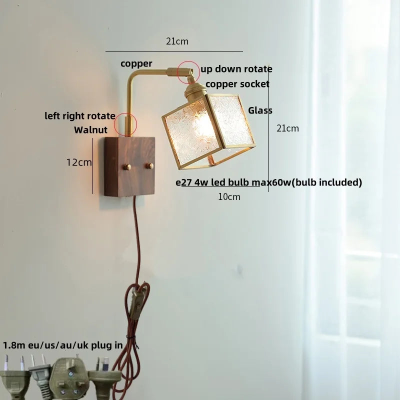 Afralia™ Walnut LED Wall Lights Pull Chain Switch Bedside Lamp Vintage Cube Glass Stair Light