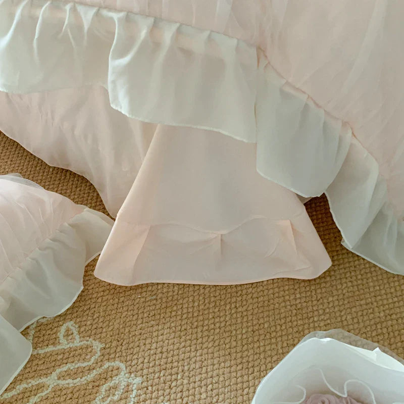 Afralia™ Pink French Princess Lace Ruffles Bedding Set with Pillowcases & Bed Sheet