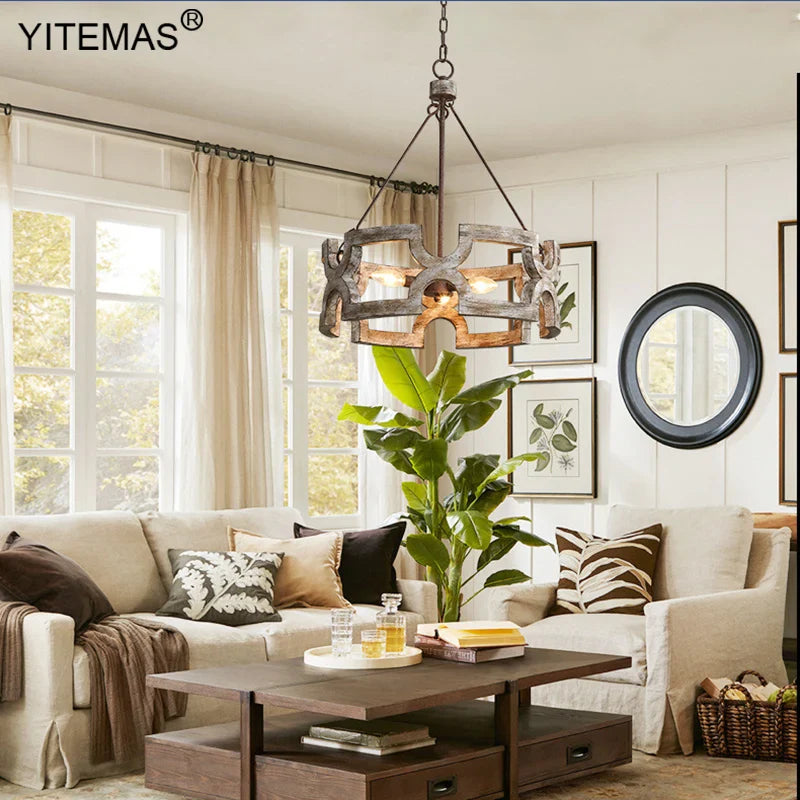 Afralia™ Vintage Wooden Chandelier: Rustic Metal Lighting for Living Dining Bedroom