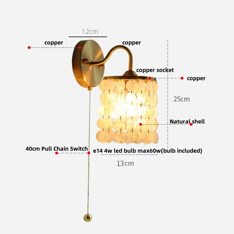 Afralia™ Conch Copper LED Wall Light Fixture with Pull Chain Switch