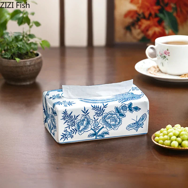 Afralia Blue White Porcelain Tissue Box Ceramic Paper Towel Holder Vintage Home Decor