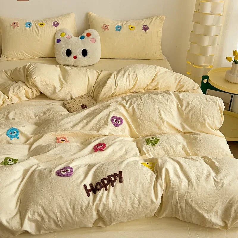 Afralia™ Cartoon Towel Embroidery Bedding Set in Soft Washed Cotton for Kids