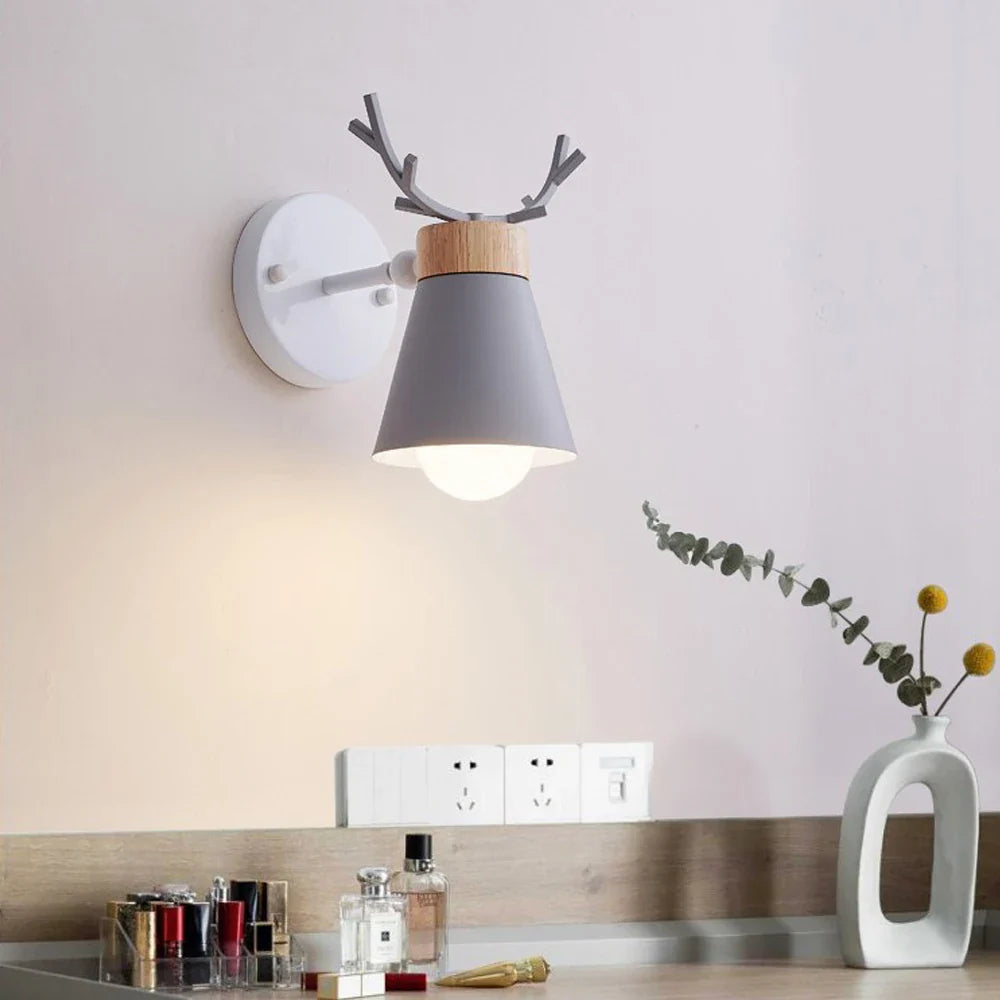 Afralia™ LED Antlers Wall Lamp Wooden Nordic Vintage Modern Loft Bedroom Lighting E27