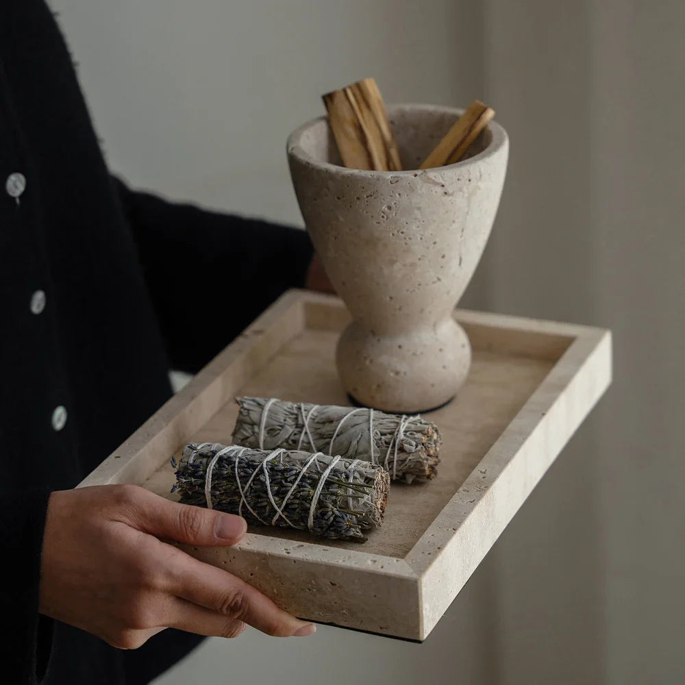 Afralia™ Travertine Mubkhar Wood Incense Holder & Palo Santo Burner