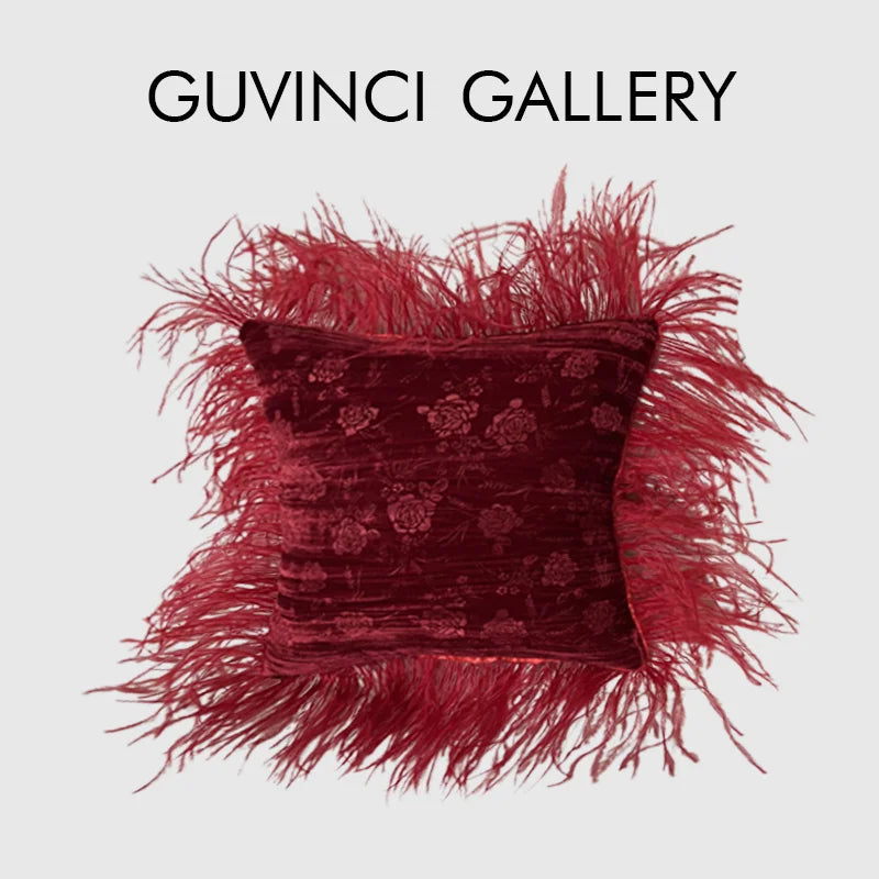 Afralia™ Rose Jacquard Cushion Cover With Feather Fringing, Vintage Red Velvet, 29x29cm