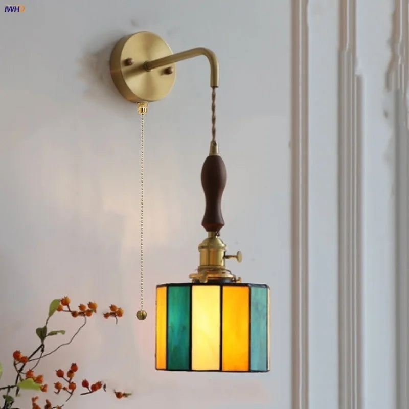 Afralia™ Vintage LED Wall Lights Walnut Wood Pull Chain Switch Mirror Light