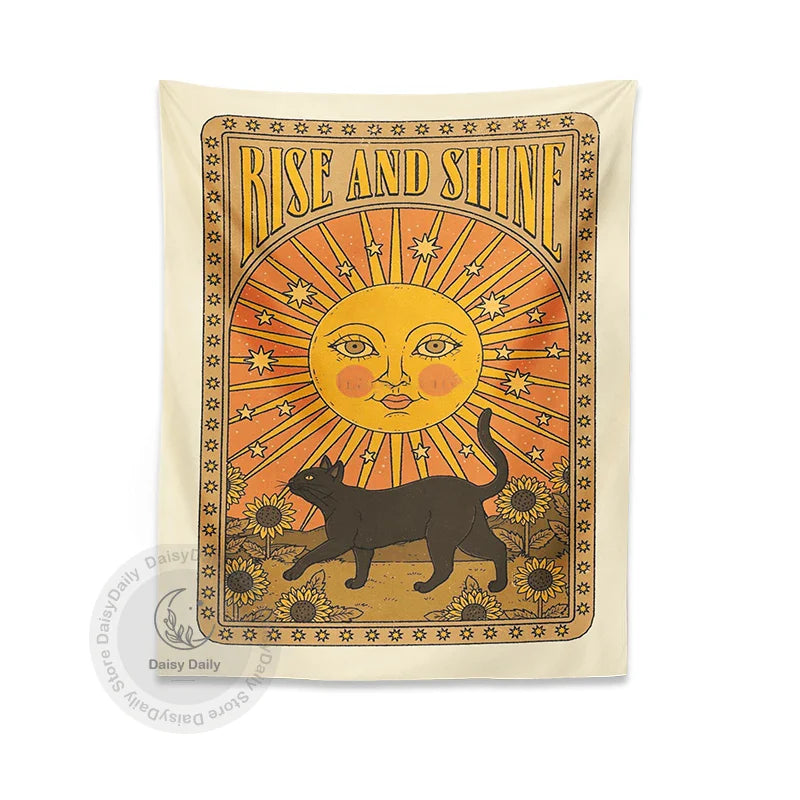 Sun Cat Tarot Tapestry by Afralia™: Vintage Boho Wall Art for Witchcraft and Hippie Decor