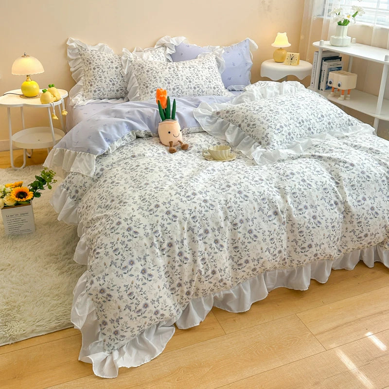 Afralia™ Korean Princess Floral Ruffles Bedding Set: Single/Queen Duvet, Cover, & Pillowcases