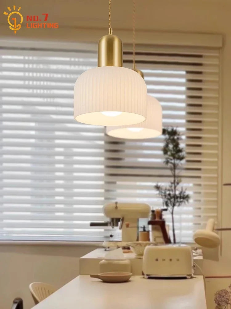Cream Glass Copper Pendant Light LED E27 Modern Fixture for Bedroom, Living Room, Cafe by Afralia™