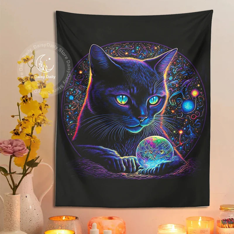 Afralia™ Black Cat Tapestry: Trippy Magic Crystal Ball Wall Art for Boho Home Decor