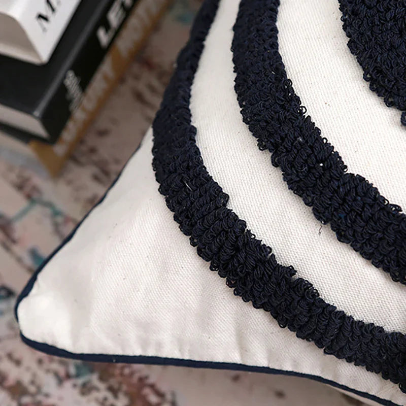 Afralia™ Geometric Loop Tufted Dark Blue Embroidered Cushion Cover