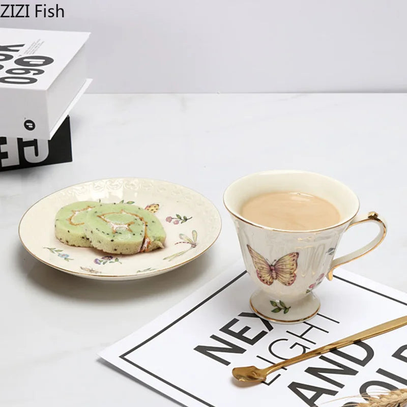 Afralia™ Butterfly Gold Ceramic Cup & Saucer Set