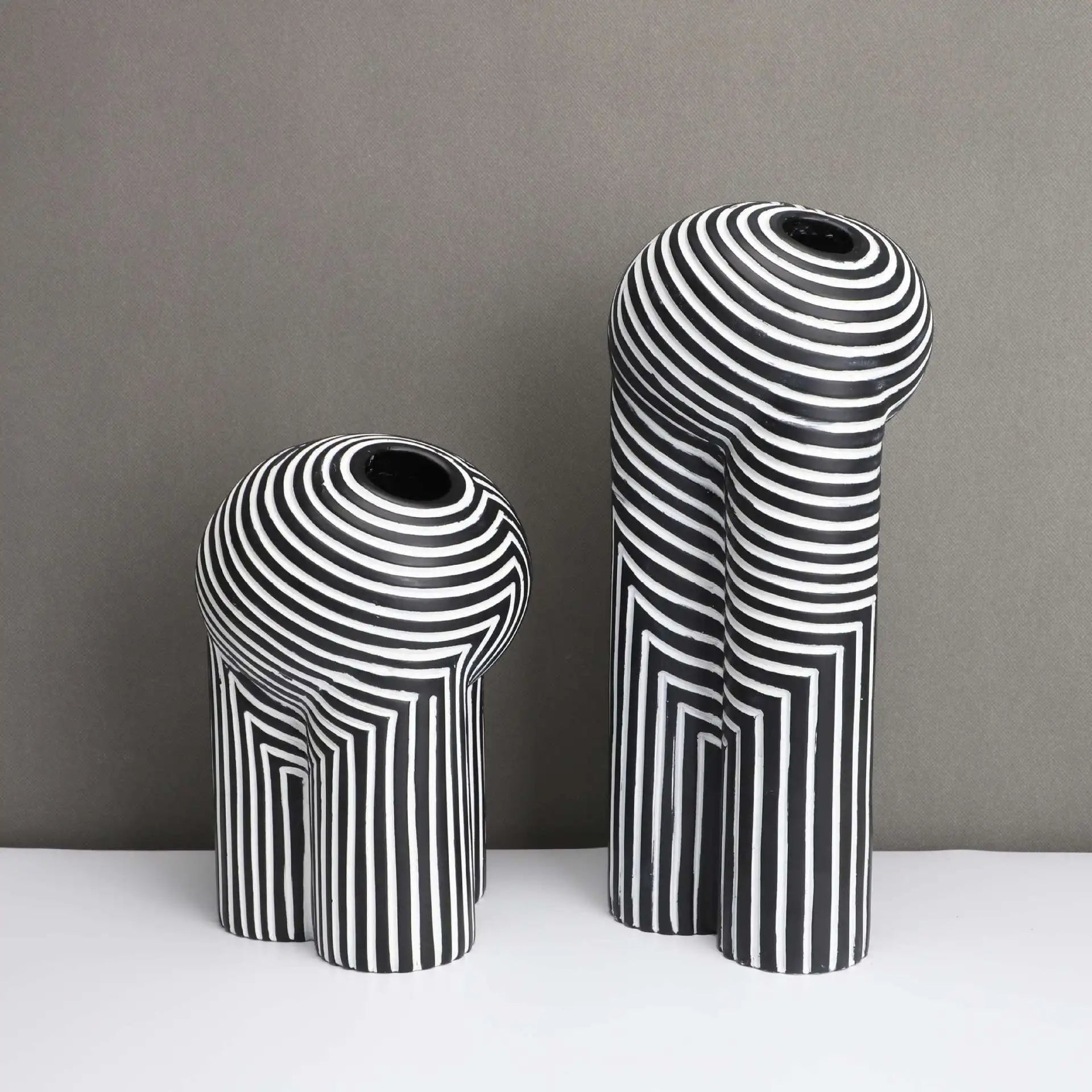 Afralia™ Striped Resin Vase: Abstract Black & White Home Decor Craft Abstract Geometry Pot
