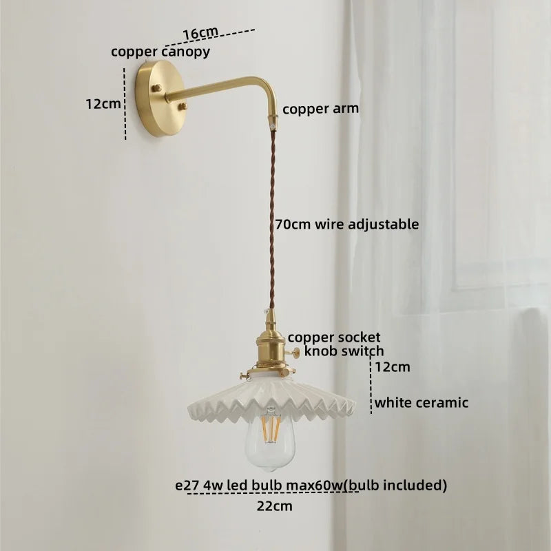Afralia™ Ceramic Copper LED Wall Sconce Pull Chain Switch Stair Light for Home Decor