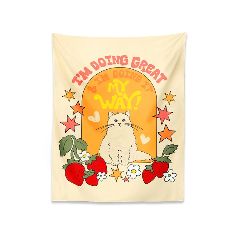 Afralia™ Cute Cat Star Strawberry Tapestry Wall Hanging for Boho Home Decor