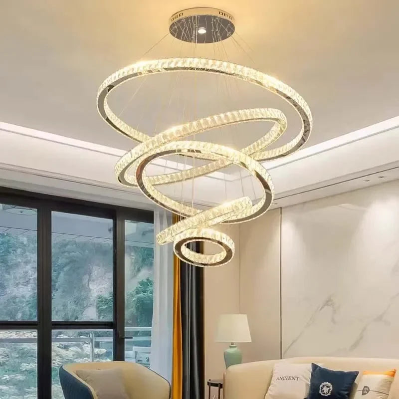 Afralia™ Gold Rings LED Chandelier: Modern Long Villa Staircase Pendant Lighting Fixtures