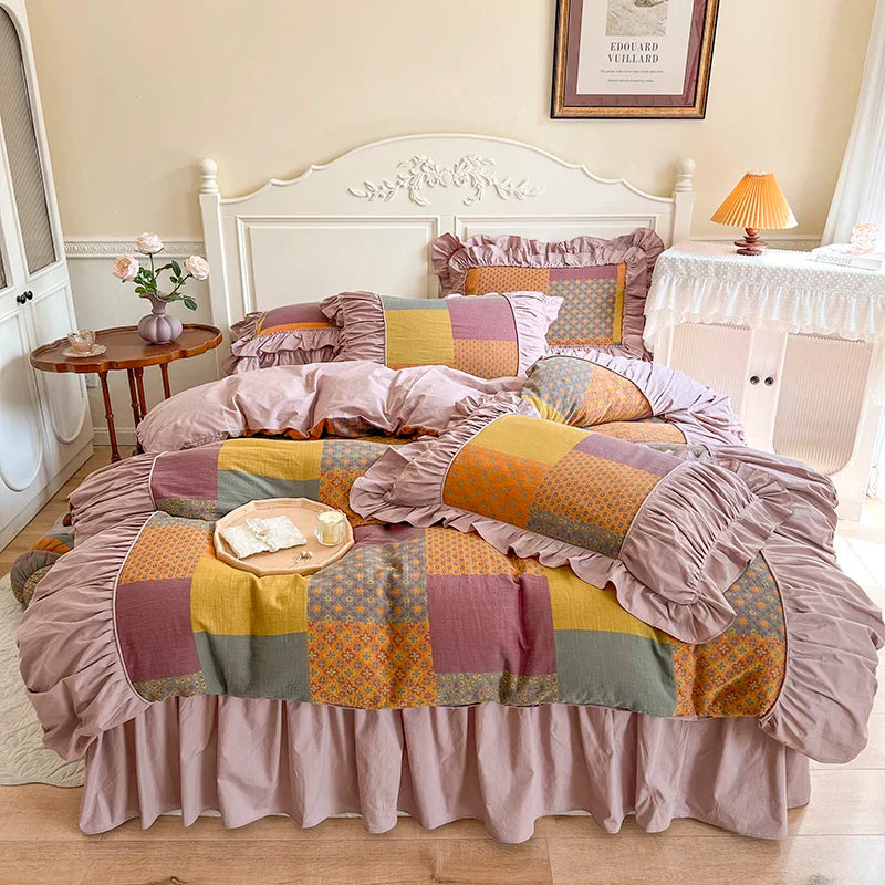 Afralia™ Vintage Cotton Double Layer Bedding Set with Ruffles & Pleat Details