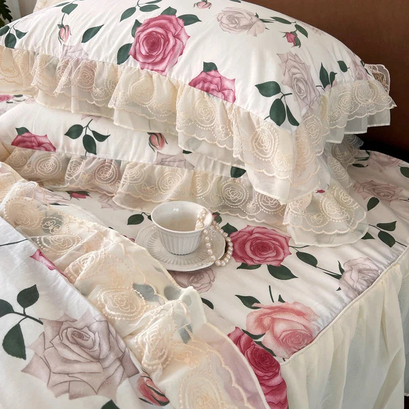 Afralia™ Vintage French Rose Flowers Double Layer Lace Ruffles Bedding Set