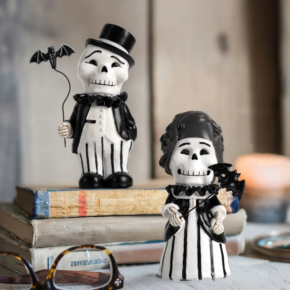 Afralia™ Cartoon Skeleton Gentleman Bat Halloween Statue Home Decor Figurine