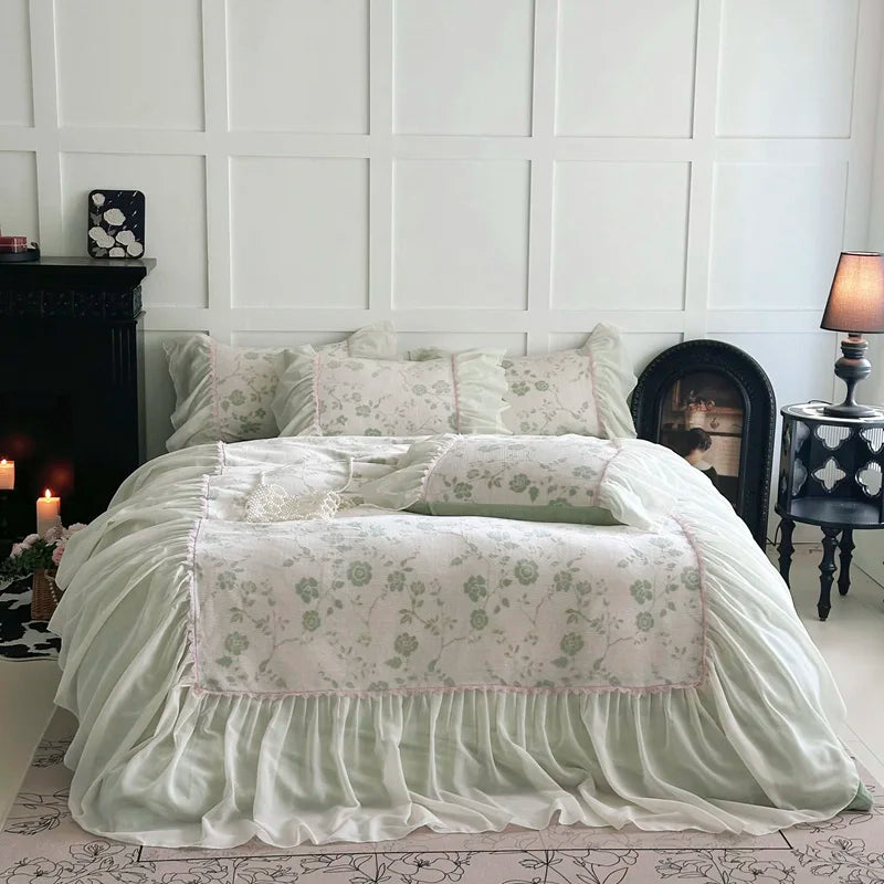 Afralia™ Lace Ruffles Velvet Princess Bedding Set: Duvet, Sheet, Pillowcases